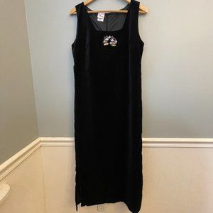 Disney Store Black Velvet Maxi Jumper Dress Split Hem Mickey & Minnie Patch Med
